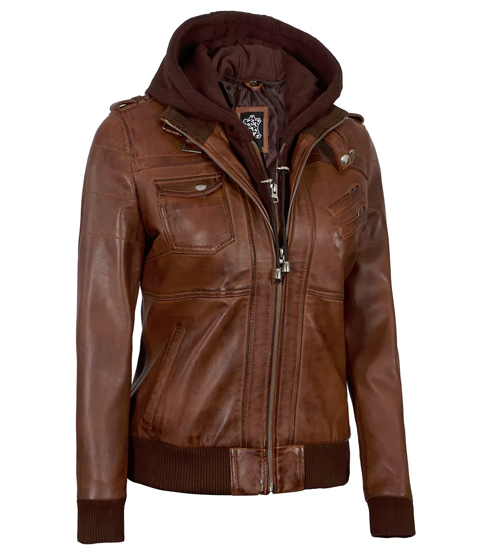 Womens Cognac Leather Bomber Jacket With Hood Womens Cognac Leather Bomber Jacket With Hood