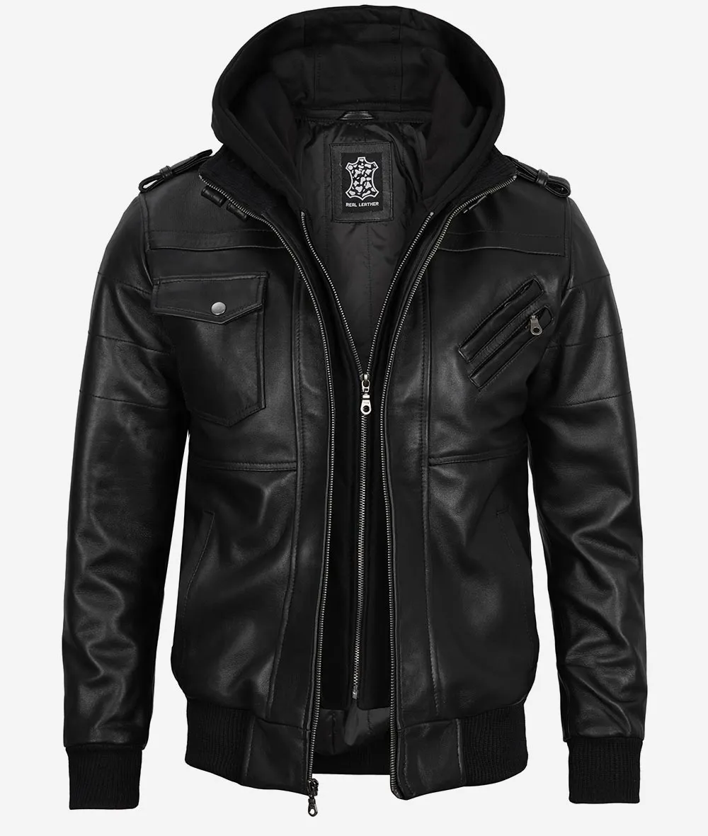 Mens Black Leather Bomber Jacket with Removable Hood