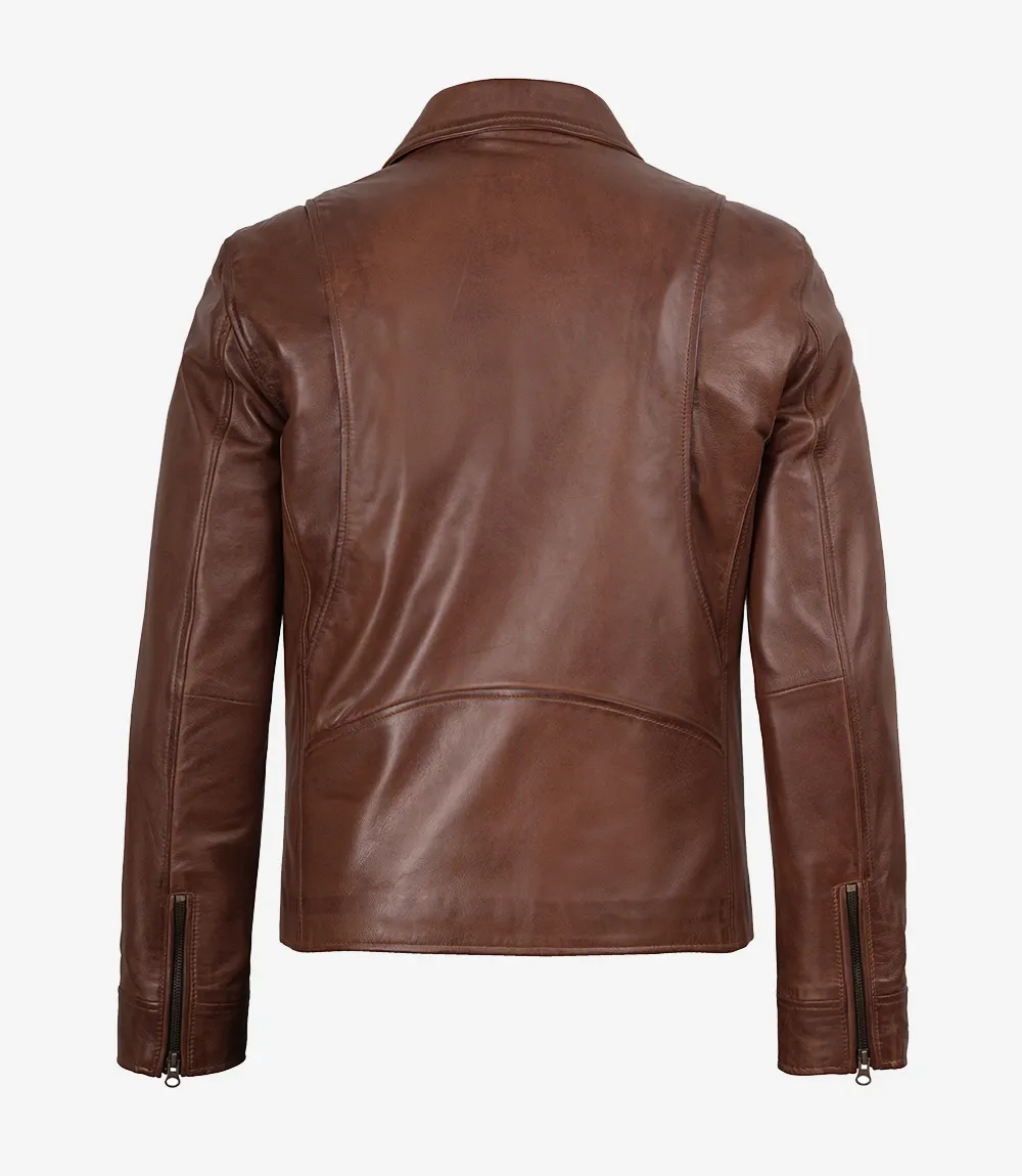 Men's Classic Shirt Collar Cognac Leather Jacket
