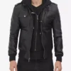 Mens Tall Black Leather Bomber Jacket with Removable Hood