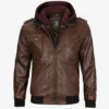 Men's Dark Brown Bomber Leather Jacket with Hood