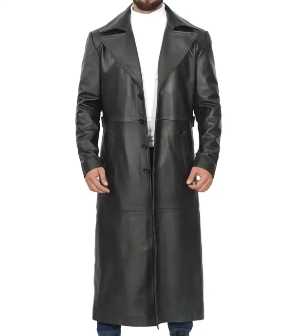 Men's Full-Length Black Leather Overcoat - Duster Coat