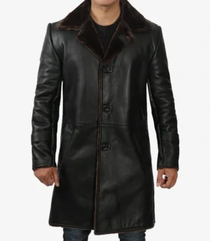 Men's 3/4 Length Black Leather Shearling Coat