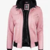 Womens Pink Hooded Bomber Leather Jacket