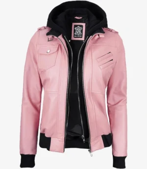 Womens Pink Hooded Bomber Leather Jacket