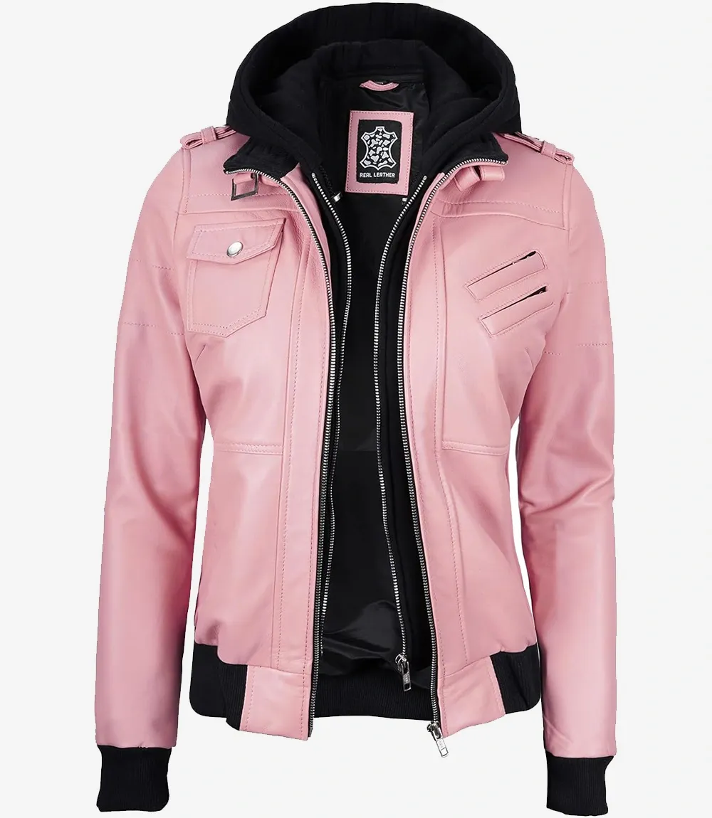 Womens Pink Hooded Bomber Leather Jacket Womens Pink Hooded Bomber Leather Jacket