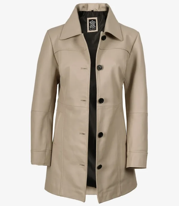 Women's Real Lambskin Leather 3/4 Length Beige Coat