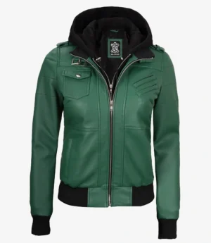 Womens Green Hooded Bomber Leather Jacket