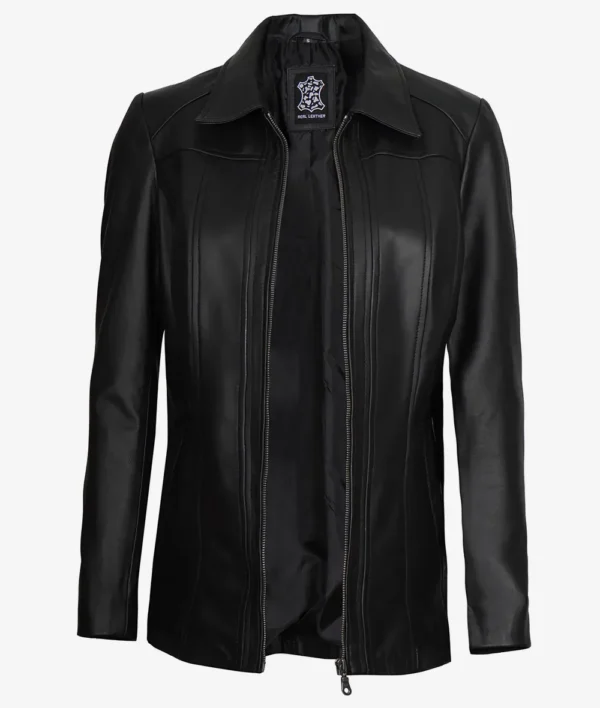 Marsha Womens Black Leather Car Coat