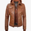 Tralee Women's Tan Waxed Bomber Leather Jacket With Detachable Hood