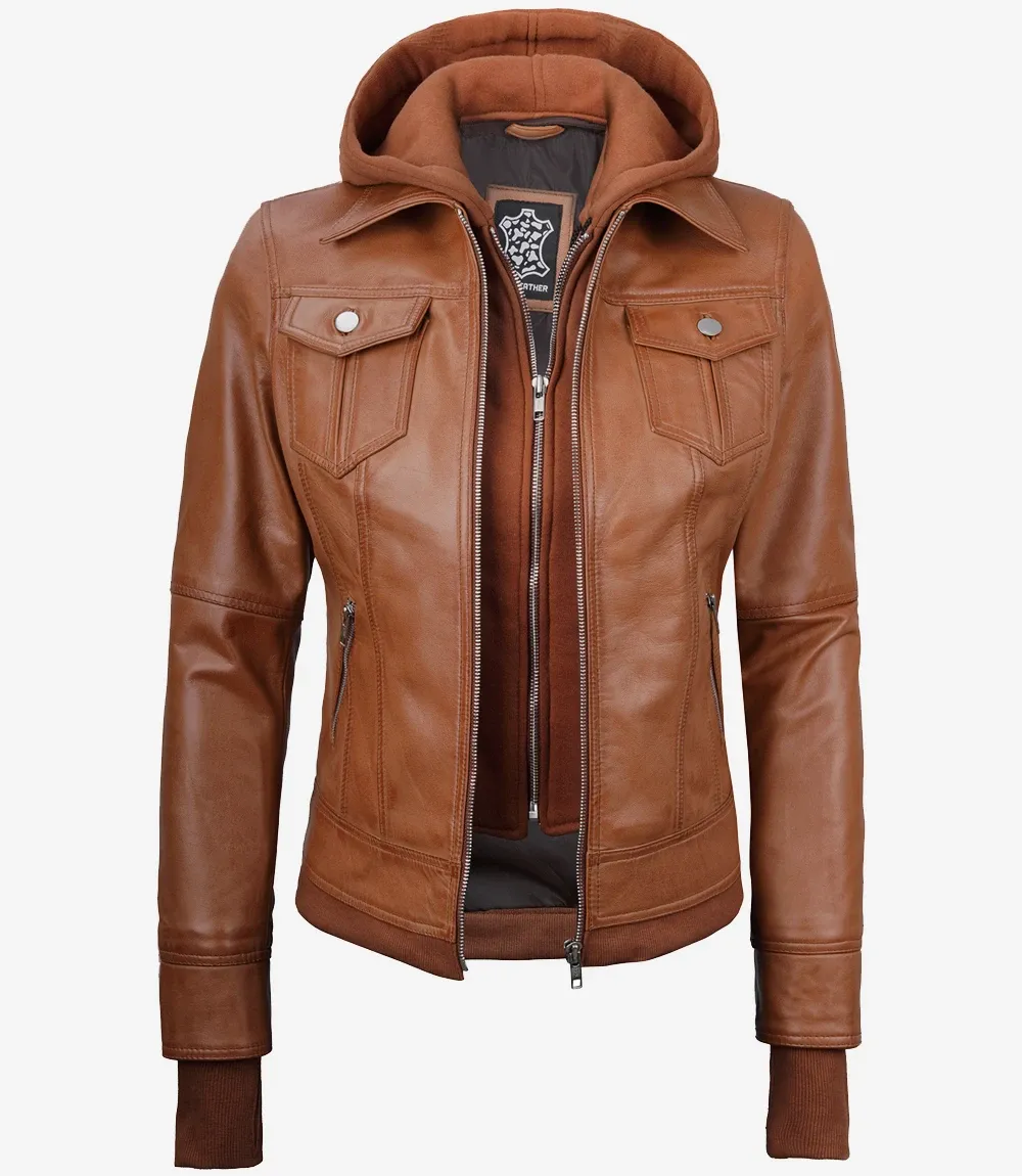 Tralee Women's Tan Waxed Bomber Leather Jacket With Detachable Hood Tralee Women's Tan Waxed Bomber Leather Jacket With Detachable Hood
