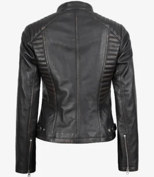 Womens Distressed Black Leather Biker Style Jacket