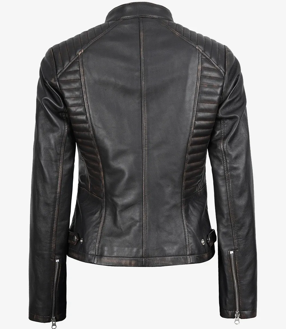 Womens Distressed Black Leather Biker Style Jacket Womens Distressed Black Leather Biker Style Jacket