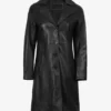 Women's Long Black Leather Car Coat - Notch Lapel