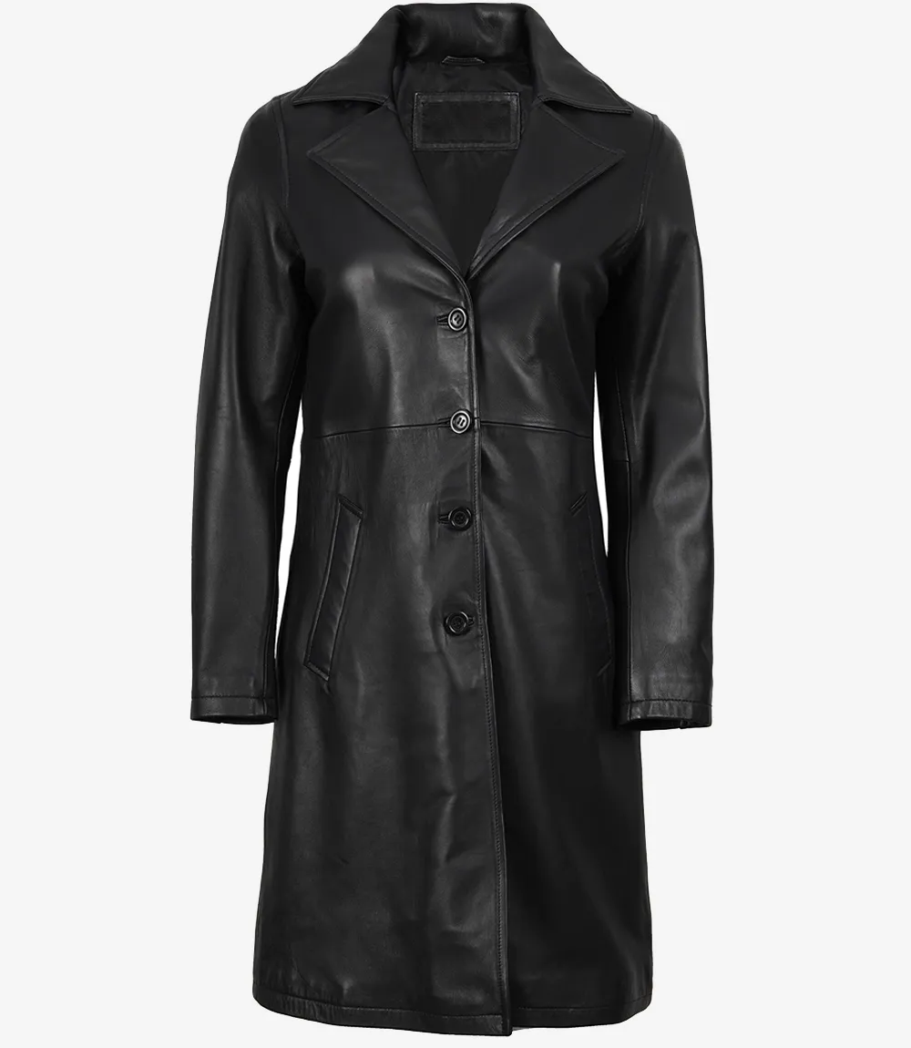 Women's Long Black Leather Car Coat - Notch Lapel Women's Long Black Leather Car Coat - Notch Lapel