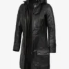 Women's 3/4 Length Black Leather Hooded Coat