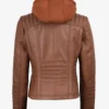 Helen Womens Cognac Leather Jacket with Removable Hood