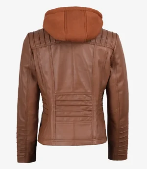 Helen Womens Cognac Leather Jacket with Removable Hood