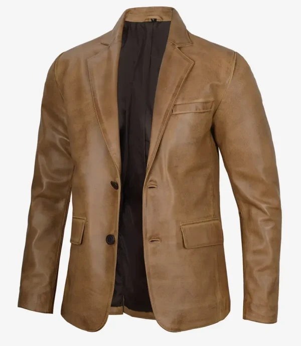 Mens Two Button Camel Brown Leather Blazer