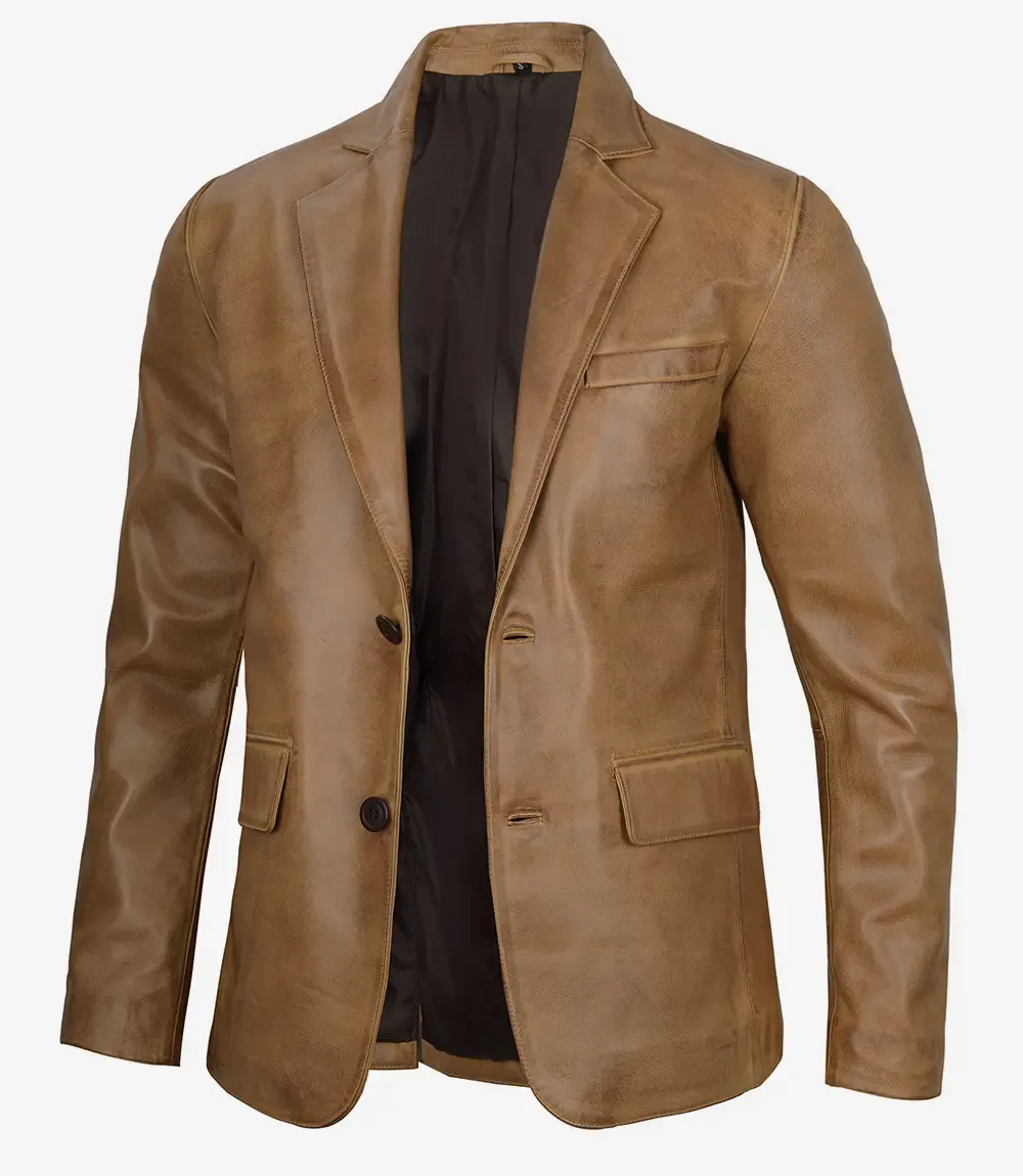 Mens Two Button Camel Brown Leather Blazer Mens Two Button Camel Brown Leather Blazer