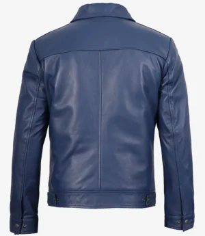 Men's Classic Blue Leather Jacket with Shirt Collar