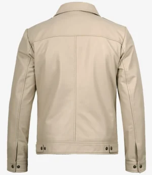 Mens Classic Shirt Collar Beige Harrington Leather Jacket