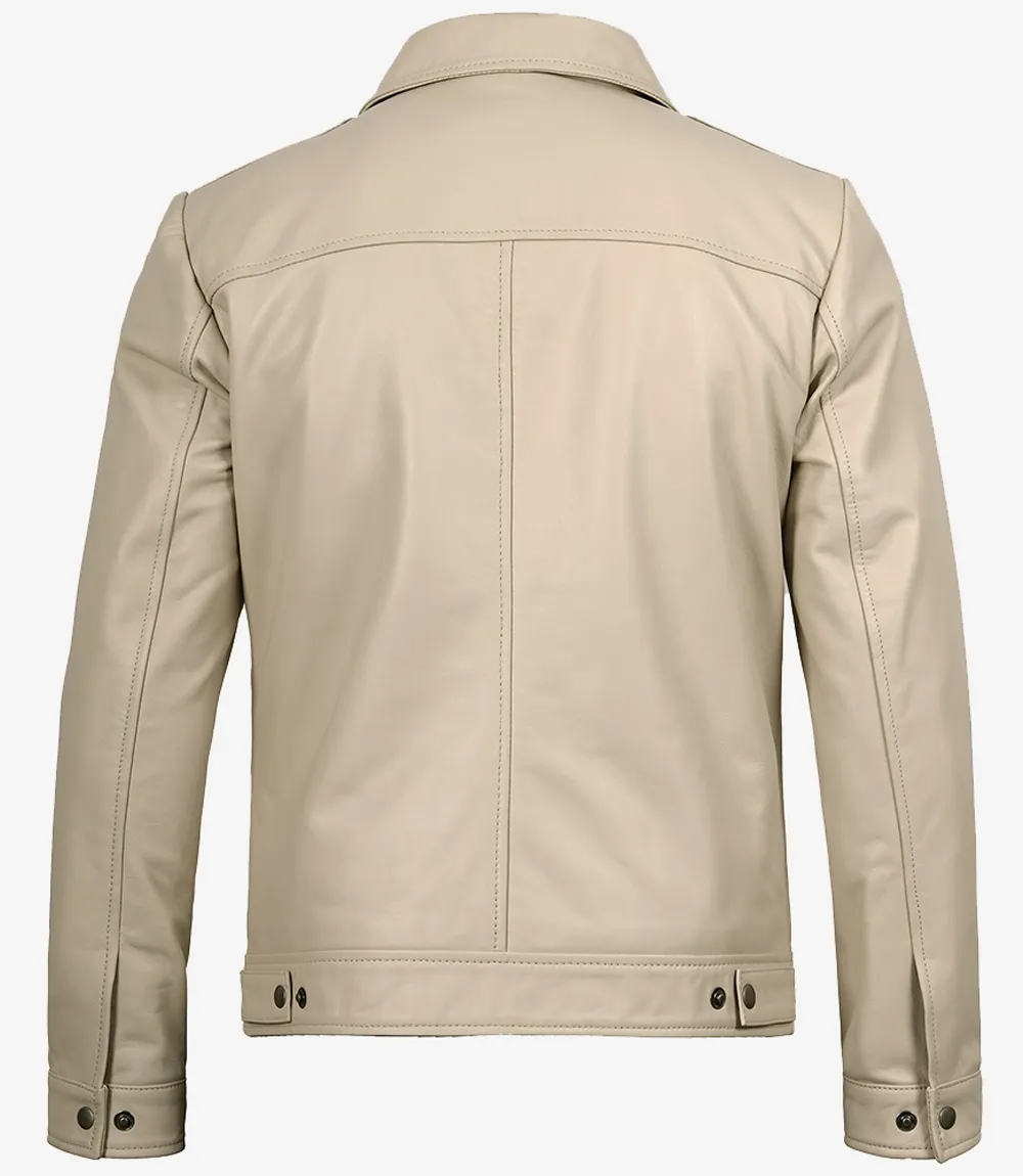 Mens Classic Shirt Collar Beige Harrington Leather Jacket Mens Classic Shirt Collar Beige Harrington Leather Jacket