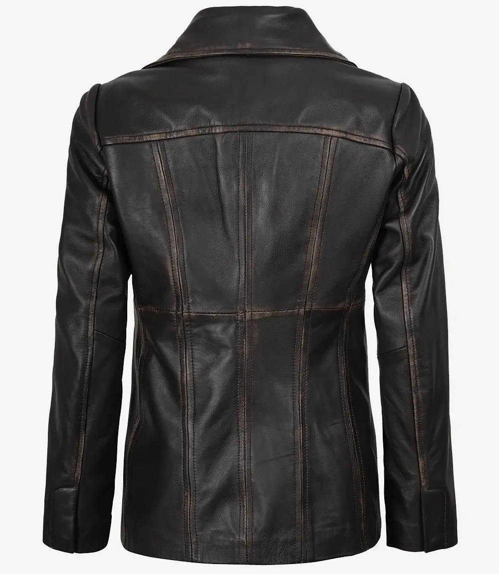 Women's Three Button Distressed Brown Leather Blazer Women's Three Button Distressed Brown Leather Blazer