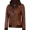 Womens Cognac Leather Bomber Jacket With Hood