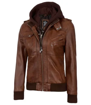 Womens Cognac Leather Bomber Jacket With Hood