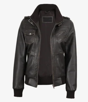 Womens Distressed Brown Hooded Bomber Leather Jacket