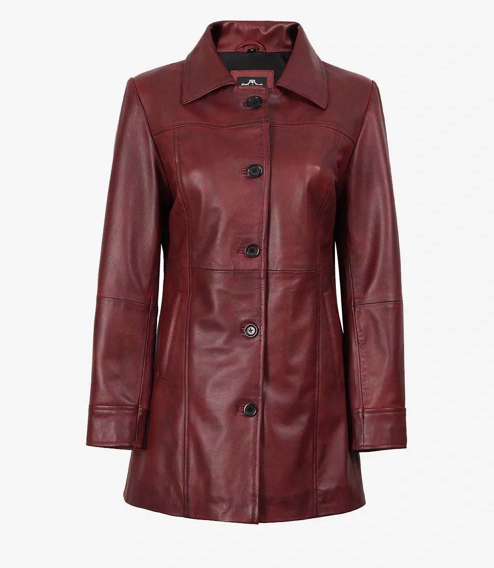 Womens Button Down Burgundy Leather Car Coat Womens Button Down Burgundy Leather Car Coat