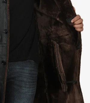 Men's 3/4 Length Black Leather Shearling Coat