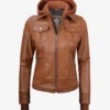 Tralee Women's Tan Waxed Bomber Leather Jacket With Detachable Hood