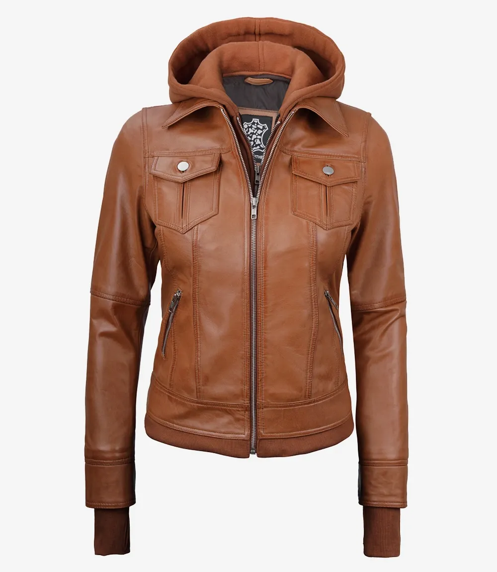 Tralee Women's Tan Waxed Bomber Leather Jacket With Detachable Hood Tralee Women's Tan Waxed Bomber Leather Jacket With Detachable Hood