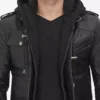 Mens Tall Black Leather Bomber Jacket with Removable Hood