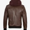 Men's Dark Brown Bomber Leather Jacket with Hood