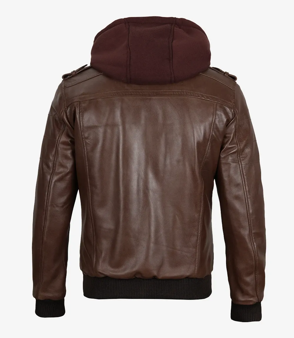 Men's Dark Brown Bomber Leather Jacket with Hood Men's Dark Brown Bomber Leather Jacket with Hood