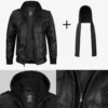 Mens Black Leather Bomber Jacket with Removable Hood