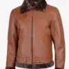Men's Cognac Leather Shearling Bomber Jacket - Shearling collar and cuffs