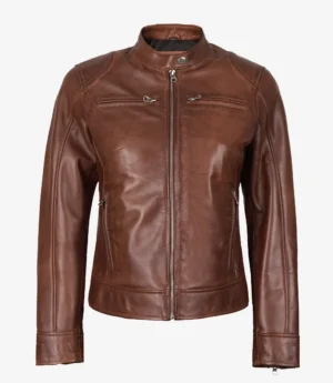 Women's Cognac Waxed Real Leather Biker Style Jacket