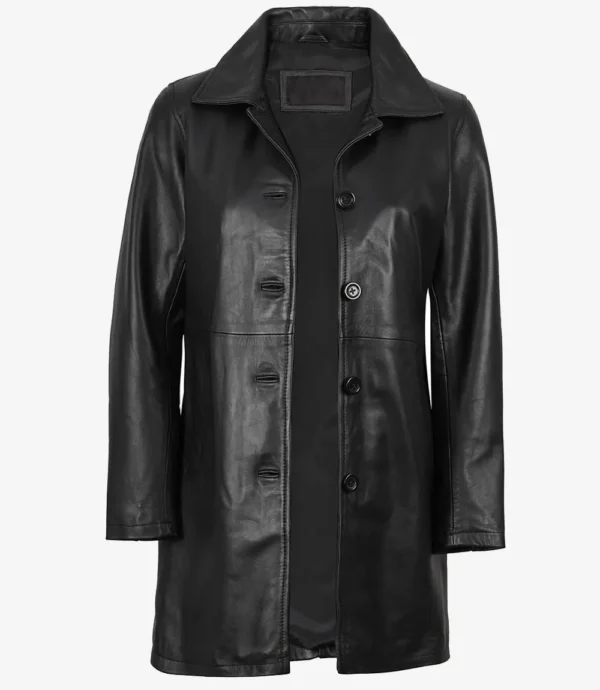 Women's 3/4 Length Black Leather Car Coat