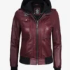 Womens Maroon Hooded Bomber Leather Jacket