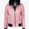 Womens Pink Hooded Bomber Leather Jacket