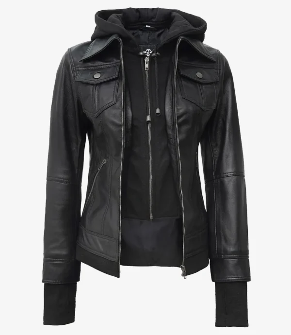 The Céleste: Womens Black Bomber Leather Jacket with Removable Hood