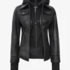 The Céleste: Womens Black Bomber Leather Jacket with Removable Hood