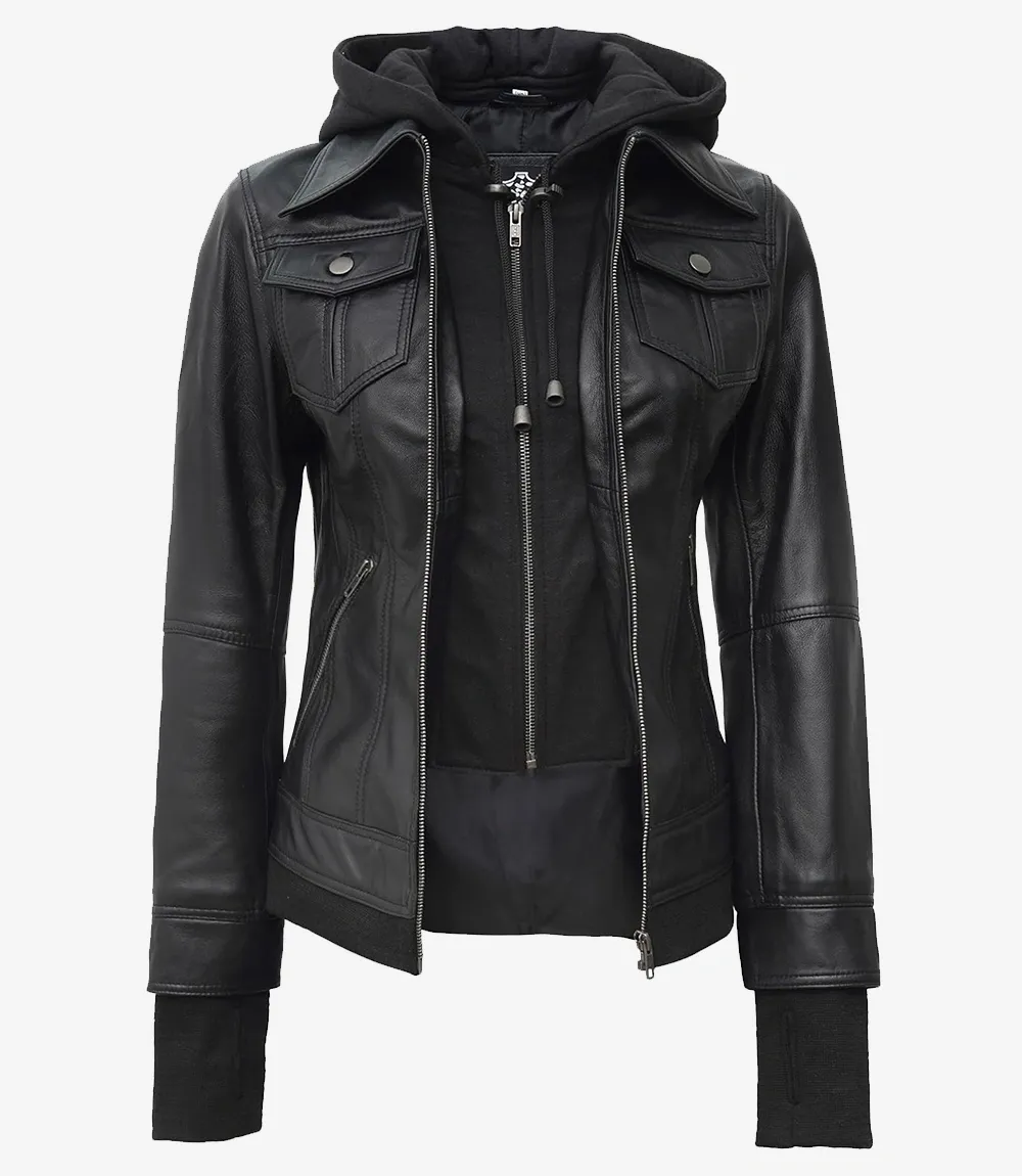 The Céleste: Womens Black Bomber Leather Jacket with Removable Hood The Céleste: Womens Black Bomber Leather Jacket with Removable Hood