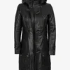 Women's 3/4 Length Black Leather Hooded Coat