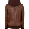 Womens Cognac Leather Bomber Jacket With Hood