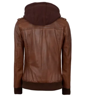 Womens Cognac Leather Bomber Jacket With Hood